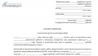 Исковое заявление о взыскании долга
